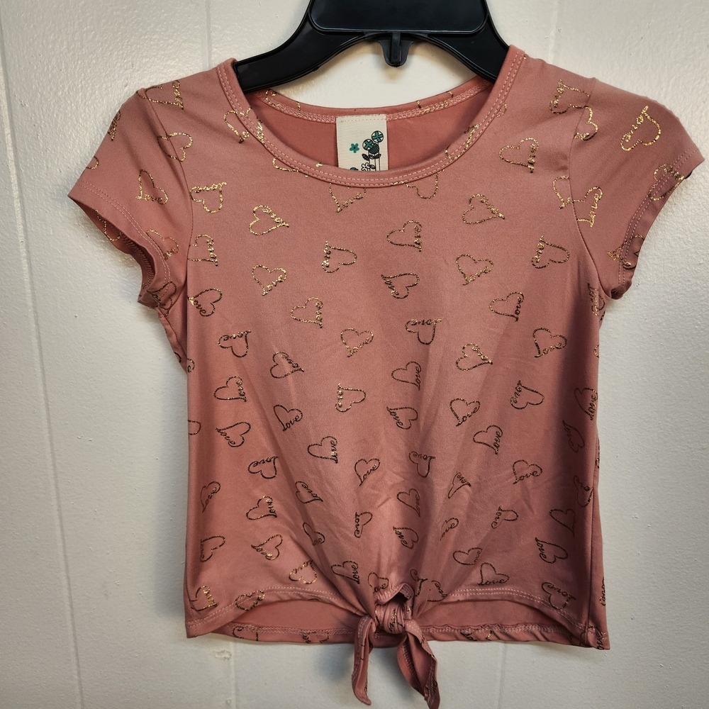 Lily Bleu Shirt Girls 6X Pink Gold Glitter Heart Love Tie Front Short Sleeve Top